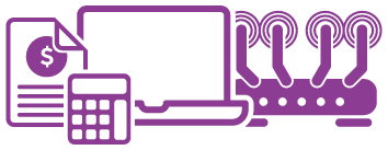 Infographic with a router, computer, calculator, and a document with a dollar sign