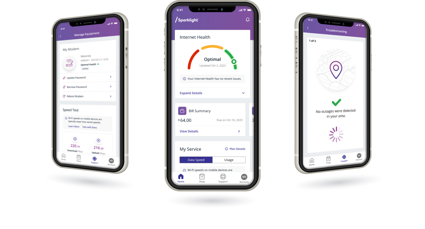 A depiction of the sparklight mobile app showing your plan information, 
                     internet health monitoring,
                     and the outage map.